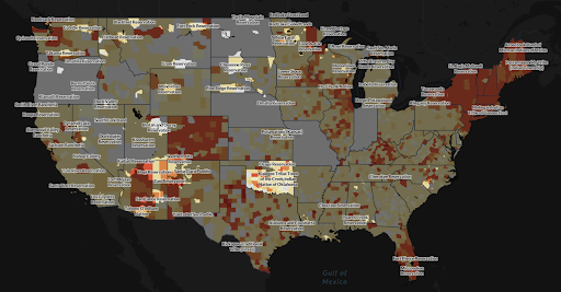 A map of the US Covid Atlas, highlighting native american lands.