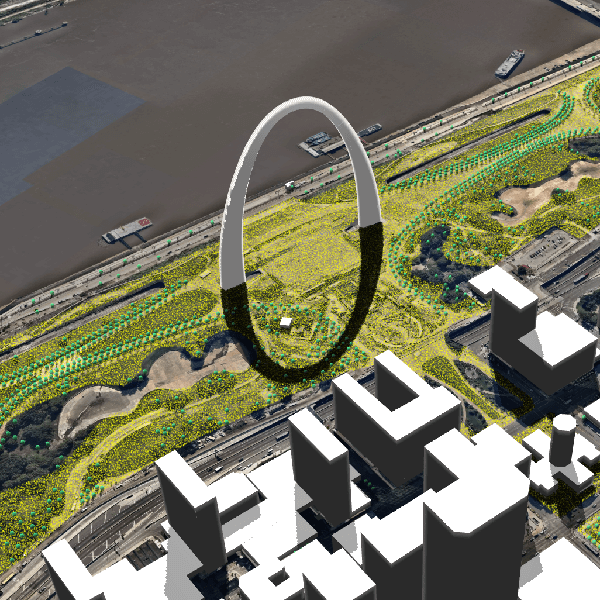A group of figures stands near the St Louis Gateway arch, a massive 630 foot tall monument. Each one represents a life in the us lost to COVID19.