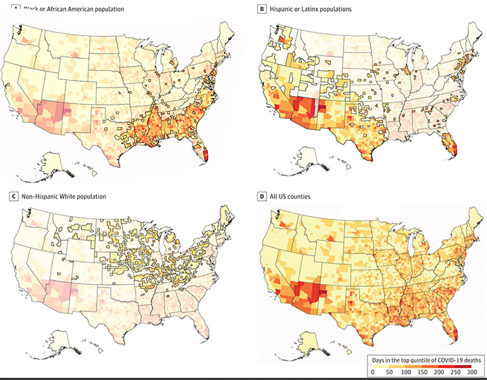 Four maps highlighting the number of days each county spent in the most severe 20% of COVID-19 mortality.